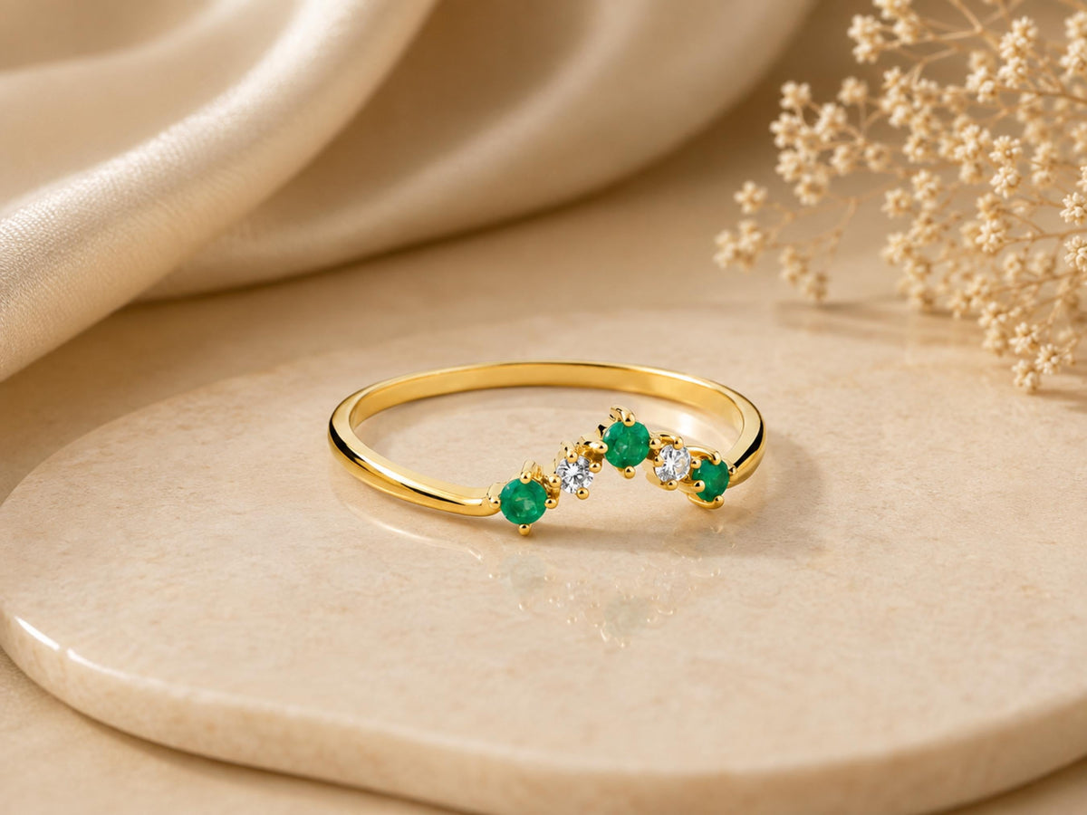 Emerald and diamond wishbone ring on 1mm shank
