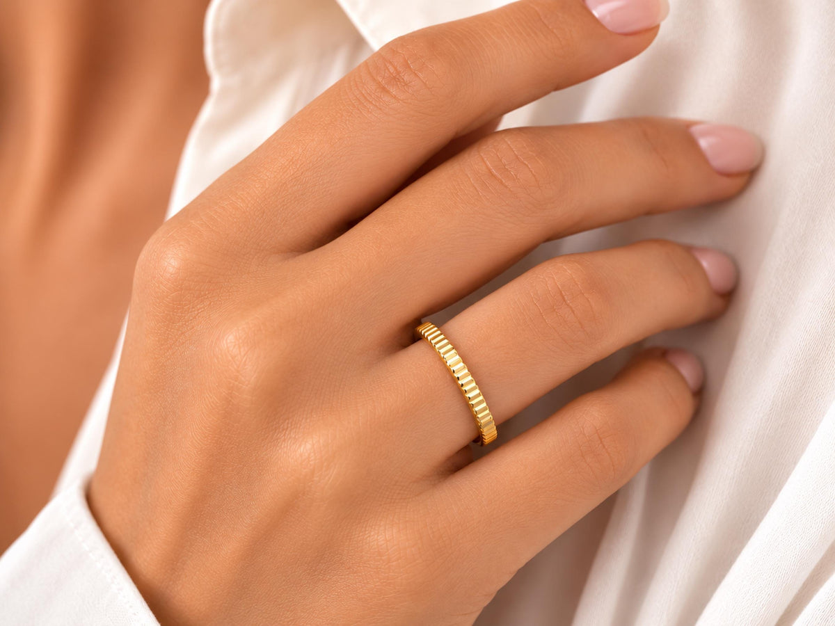 Ribbed Gold Stacking Band – 3mm in solid gold, view 6