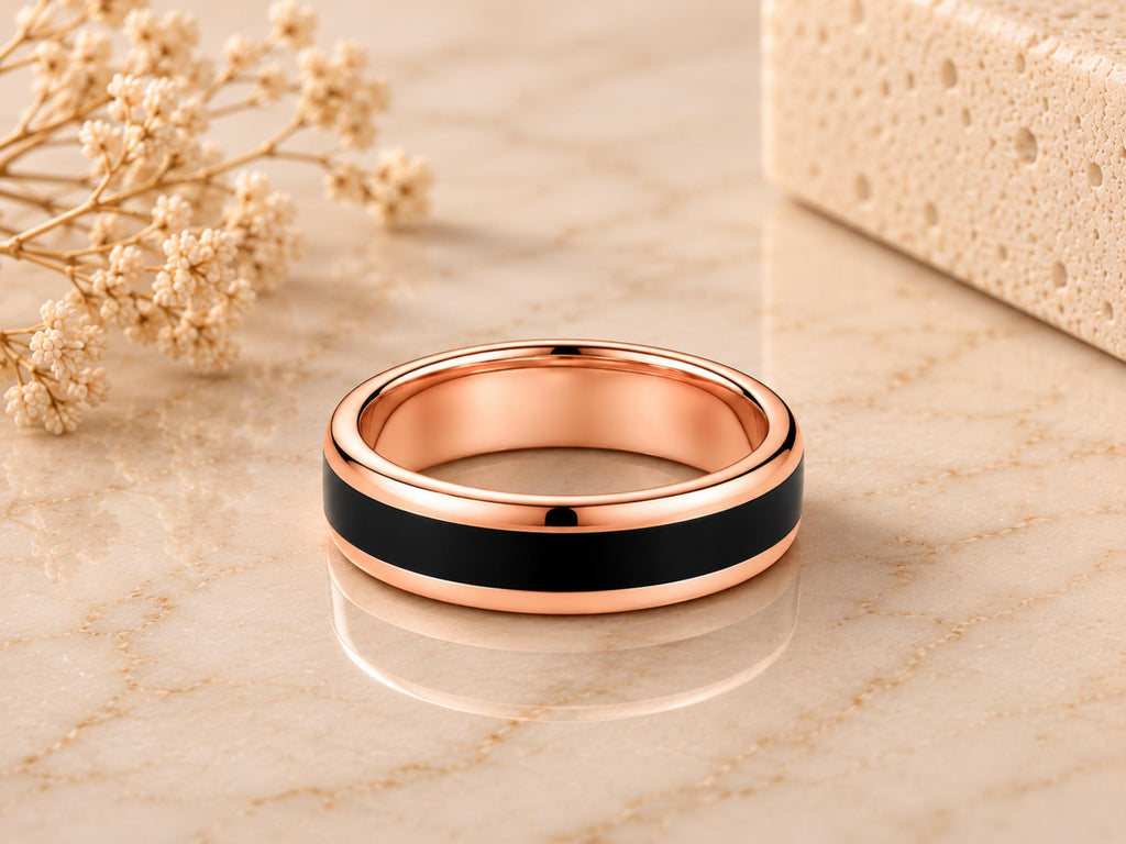 Black Enamel Inlay Band – 6mm Unisex in solid gold, view 2