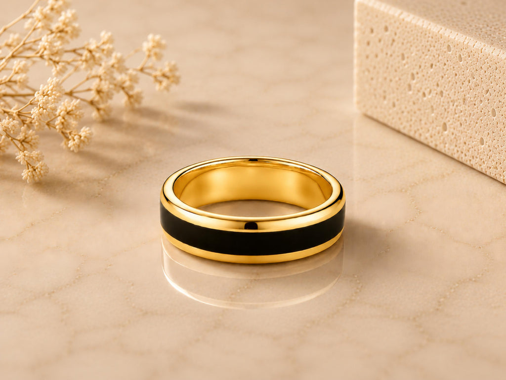 Black Enamel Inlay Band – 6mm Unisex in solid gold