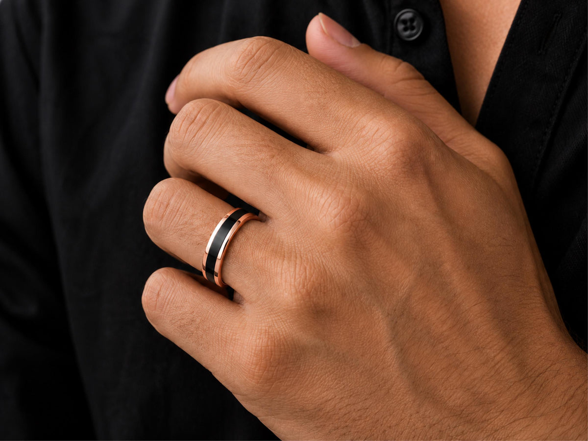 Black Enamel Inlay Band – 6mm Unisex in solid gold, view 6