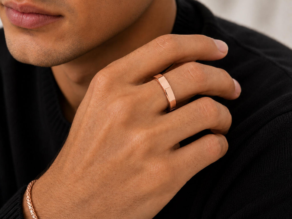 Geometric Flat Top Band – 4mm in solid gold, view 10