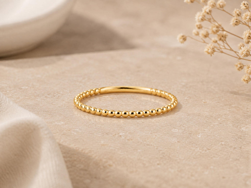 Gold Beaded Stacking Ring – Dainty Band in solid gold