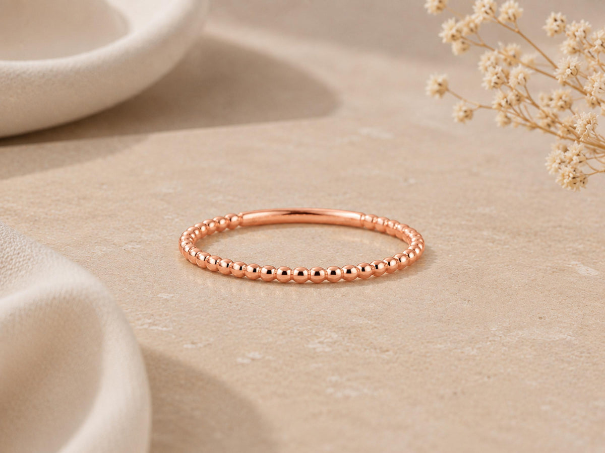 Gold Beaded Stacking Ring – Dainty Band in solid gold, view 2