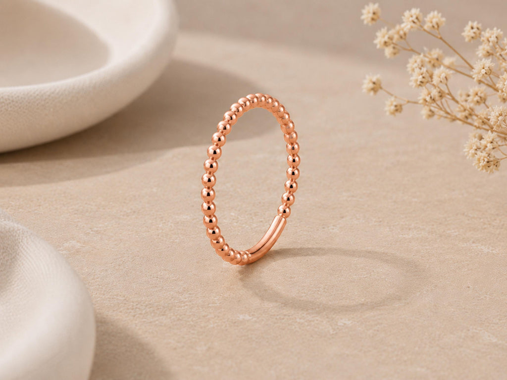 Gold Beaded Stacking Ring – Dainty Band in solid gold, view 4
