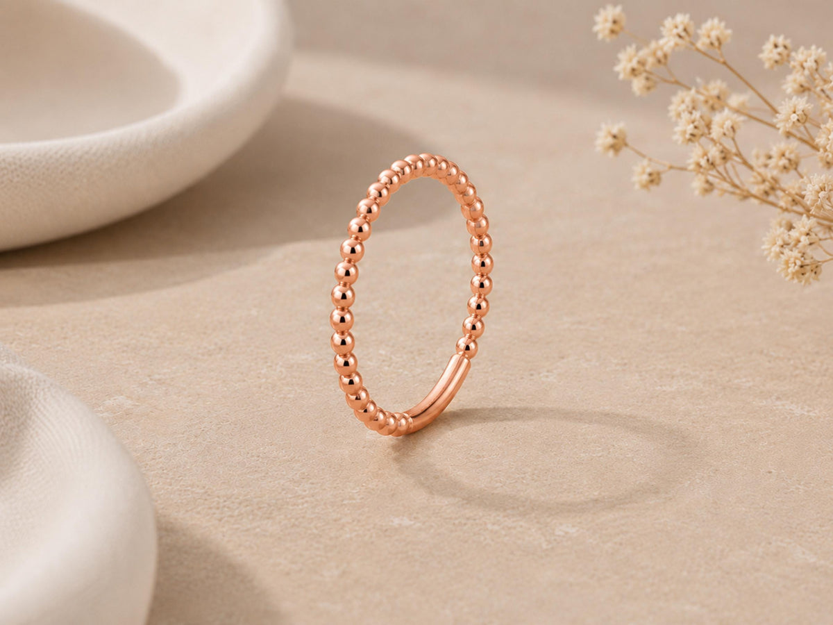 Gold Beaded Stacking Ring – Dainty Band in solid gold, view 4