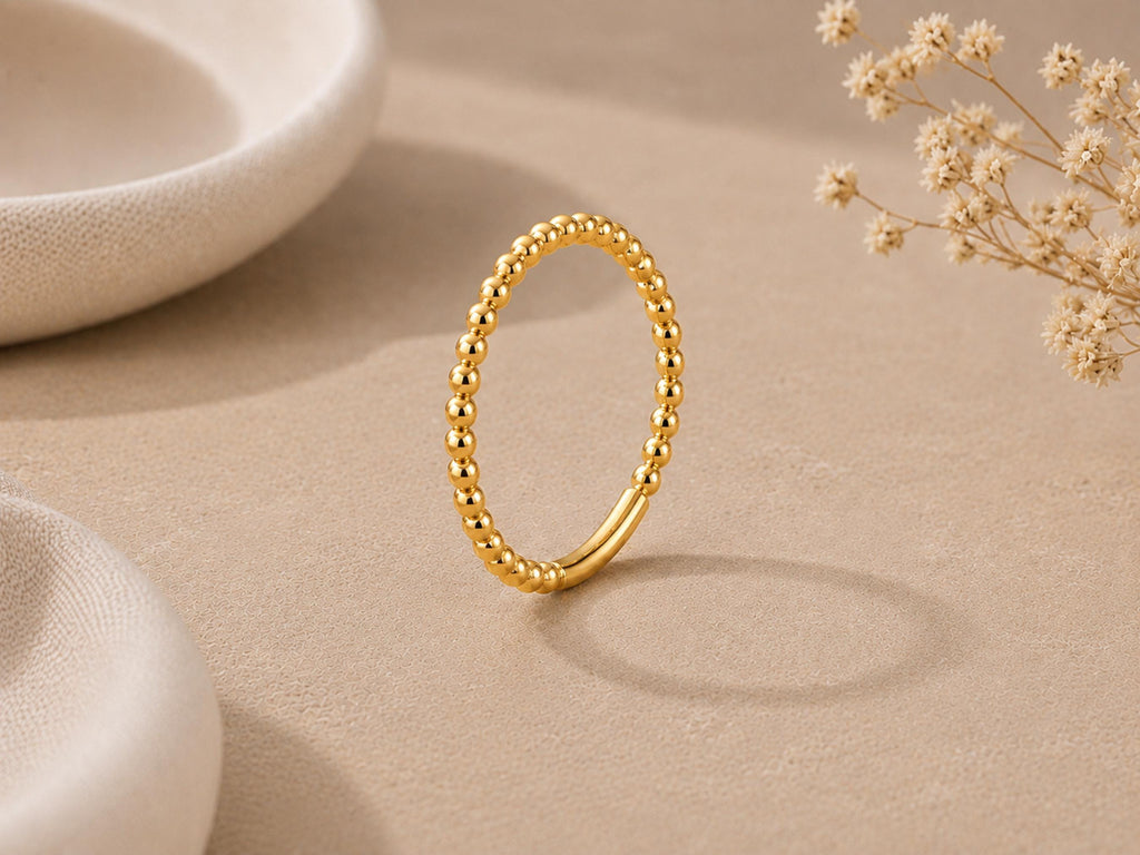 Gold Beaded Stacking Ring – Dainty Band in solid gold, view 6