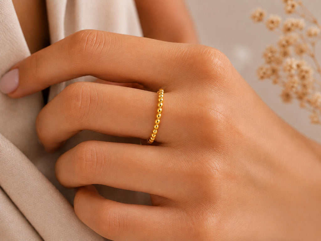 Gold Beaded Stacking Ring – Dainty Band in solid gold, view 9