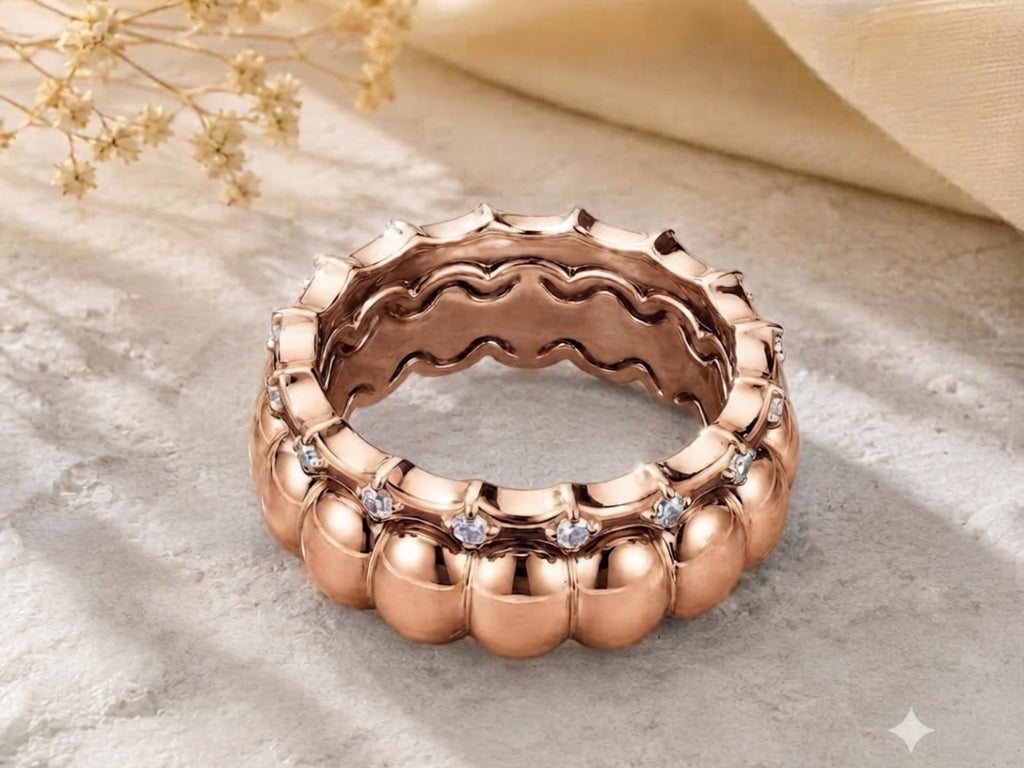 Bubble and Scallop Ring Set – 6.2mm in solid gold, view 3