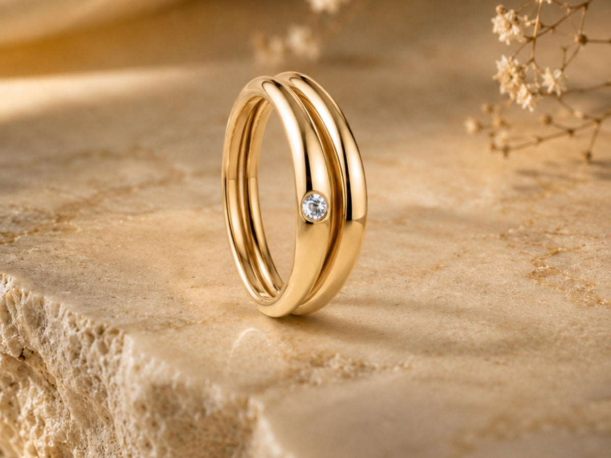 Nesting Dome Ring Set with Bezel Stone in solid gold, view 4