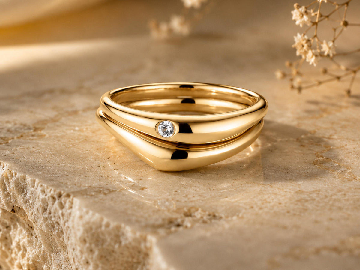 Nesting Dome Ring Set with Bezel Stone in solid gold