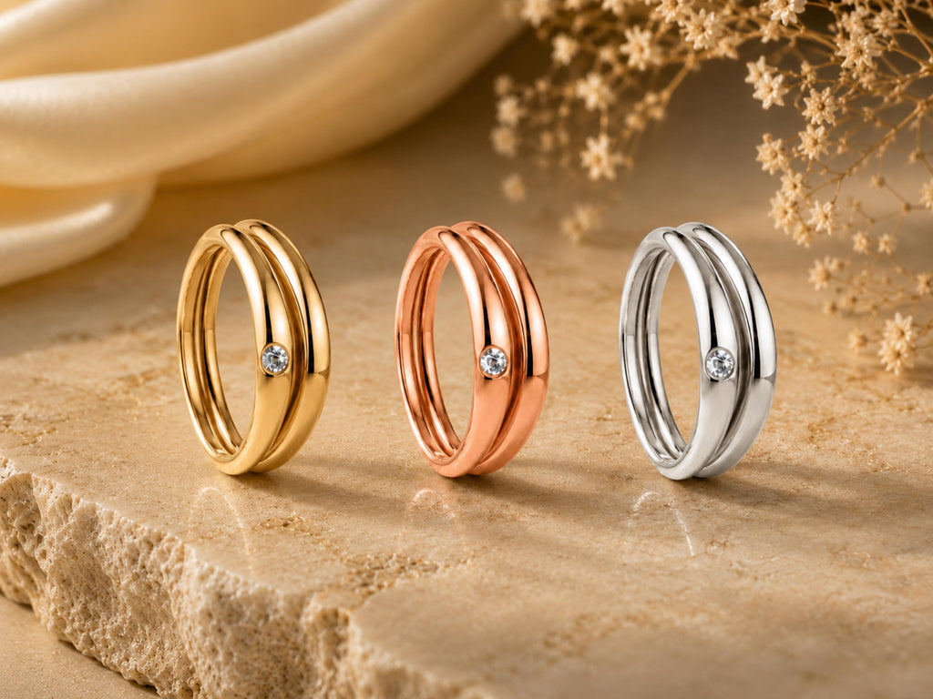 Nesting Dome Ring Set with Bezel Stone in solid gold, view 7