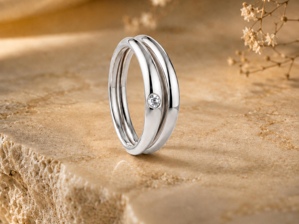 Nesting Dome Ring Set with Bezel Stone in solid gold, view 6