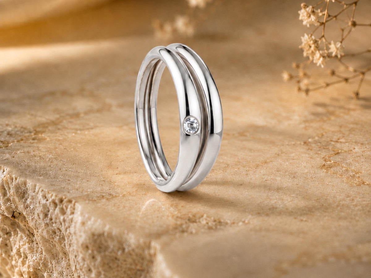 Nesting Dome Ring Set with Bezel Stone in solid gold, view 6