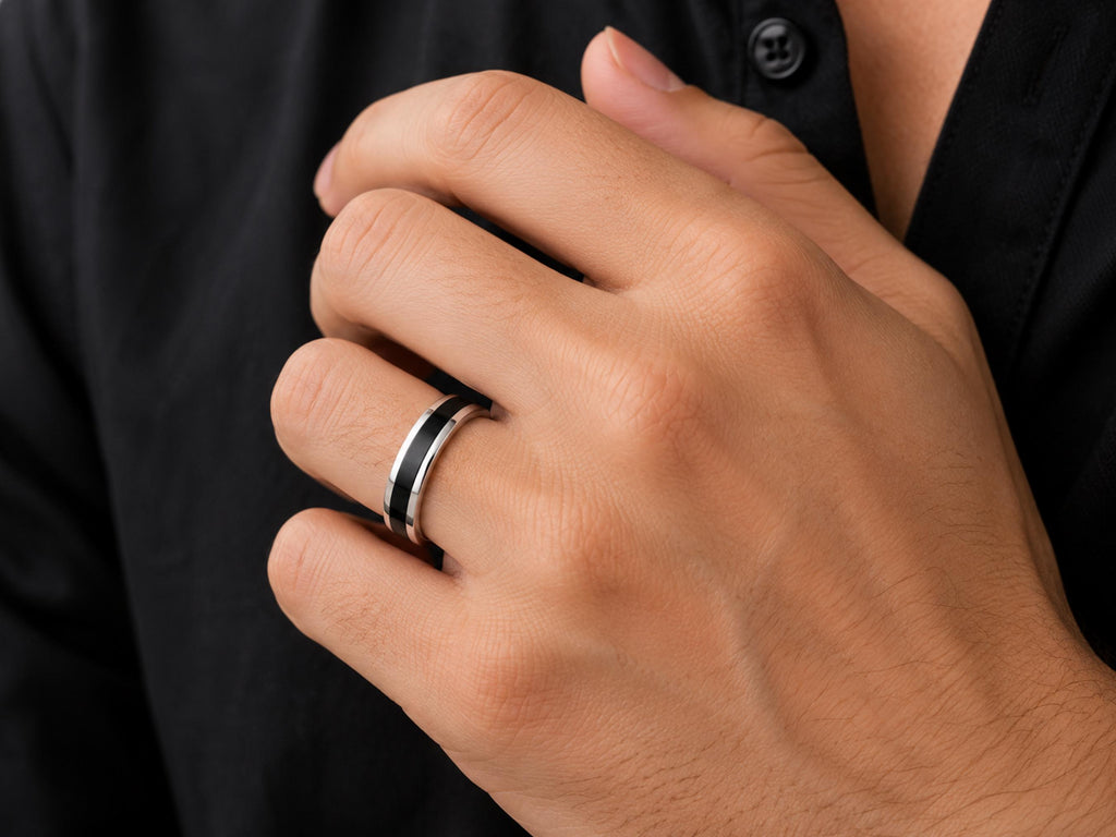 Black Enamel Inlay Band – 6mm Unisex in solid gold, view 4