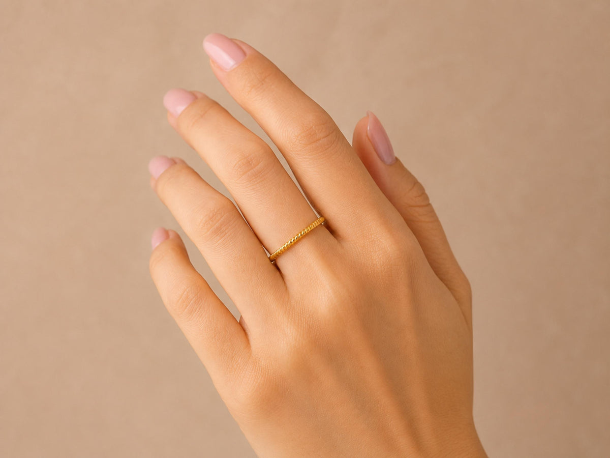 Twisted Rope Ring – 1.3mm Stacking Band in solid gold, view 7