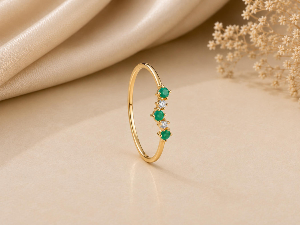 Emerald and Lab-Grown Diamond Wishbone Ring – 1mm in solid gold, view 4