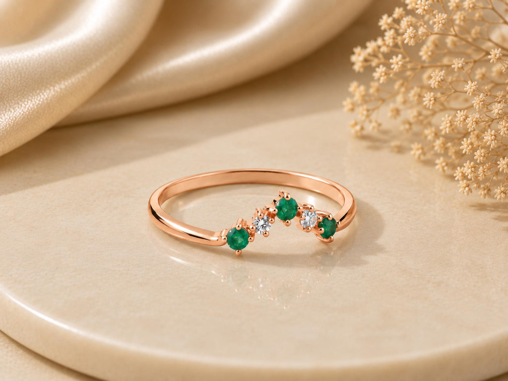 Emerald and Lab-Grown Diamond Wishbone Ring – 1mm in solid gold, view 2