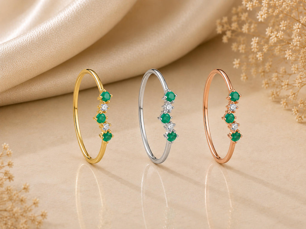 Emerald and Lab-Grown Diamond Wishbone Ring – 1mm in solid gold, view 7
