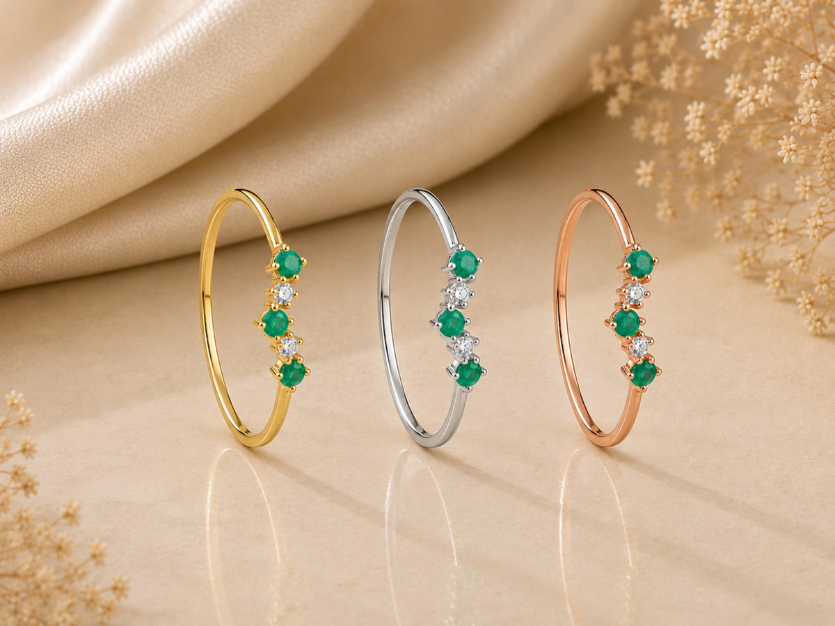 Emerald and Lab-Grown Diamond Wishbone Ring – 1mm in solid gold, view 7