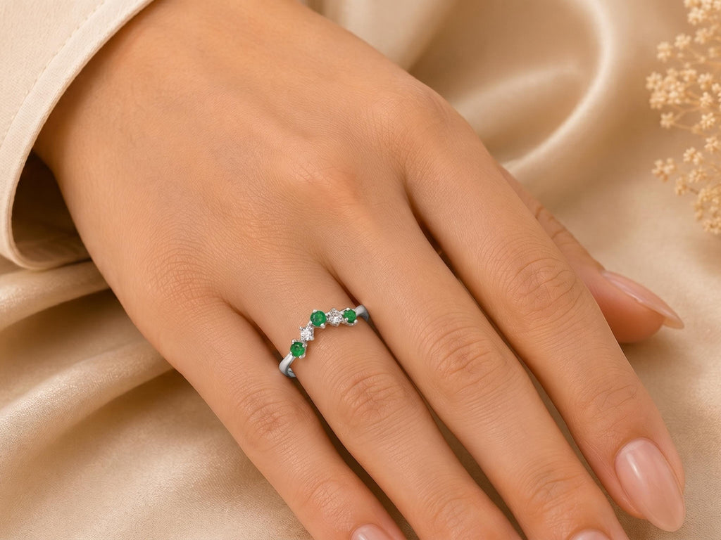 Emerald and Lab-Grown Diamond Wishbone Ring – 1mm in solid gold, view 8