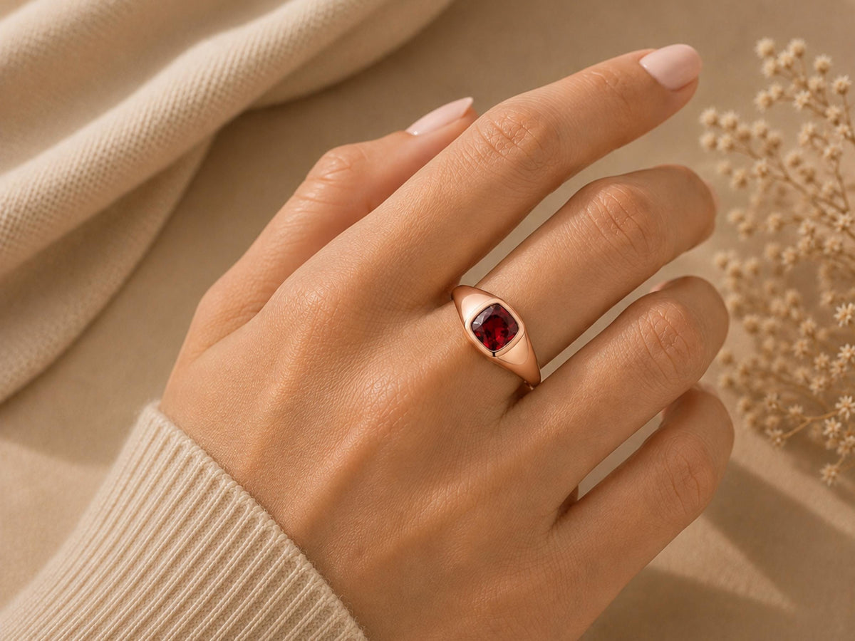 Red Stone Pinky Signet Ring – 7mm in solid gold, view 9