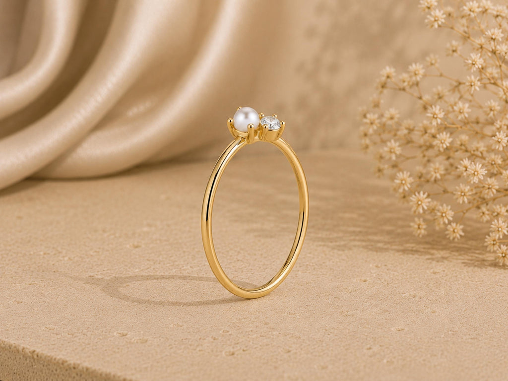 Pearl and Lab-Grown Diamond Ring – Dainty 1mm Band in solid gold, view 4