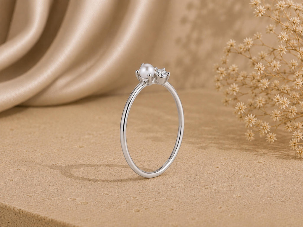 Pearl and Lab-Grown Diamond Ring – Dainty 1mm Band in solid gold, view 5