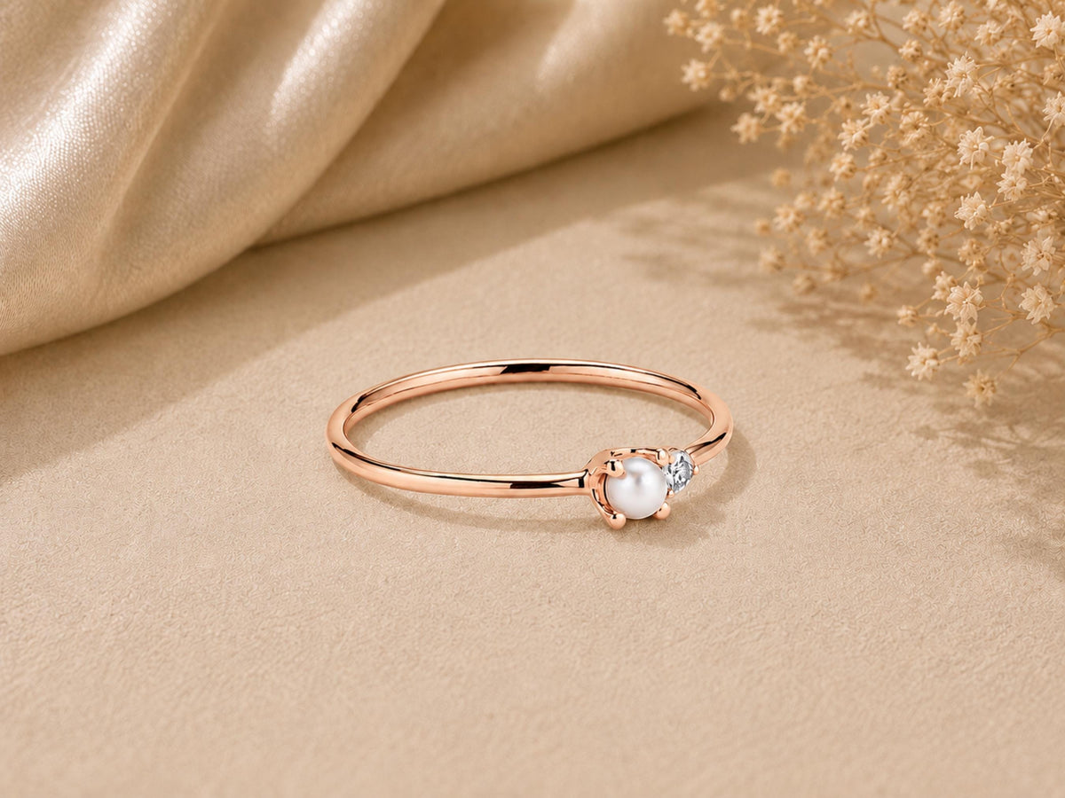 Pearl and Lab-Grown Diamond Ring – Dainty 1mm Band in solid gold, view 3