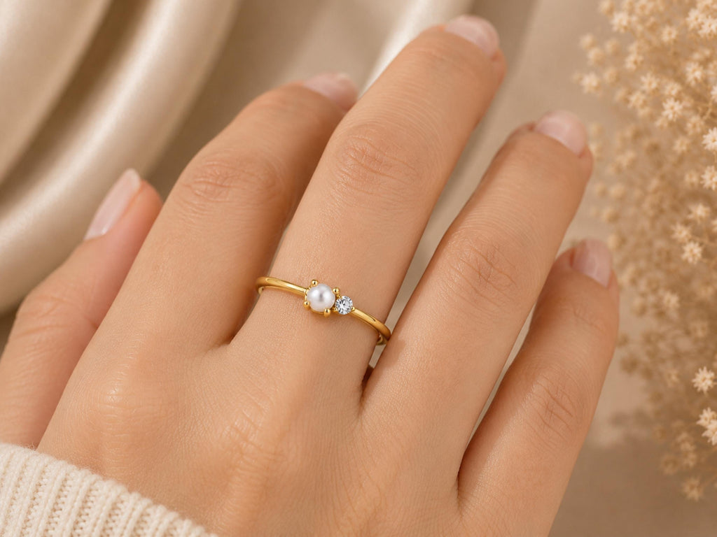 Pearl and Lab-Grown Diamond Ring – Dainty 1mm Band in solid gold, view 8