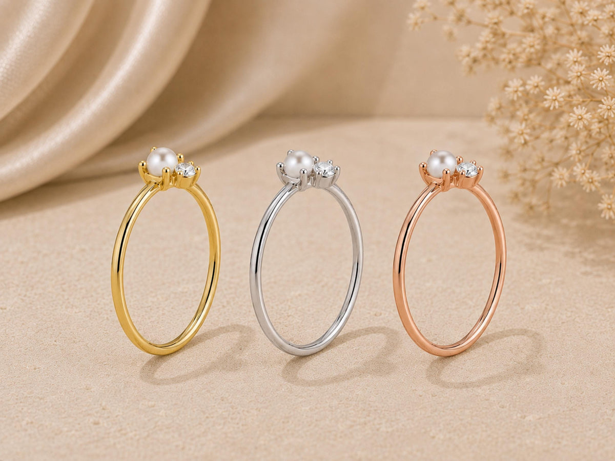 Pearl and Lab-Grown Diamond Ring – Dainty 1mm Band in solid gold, view 7