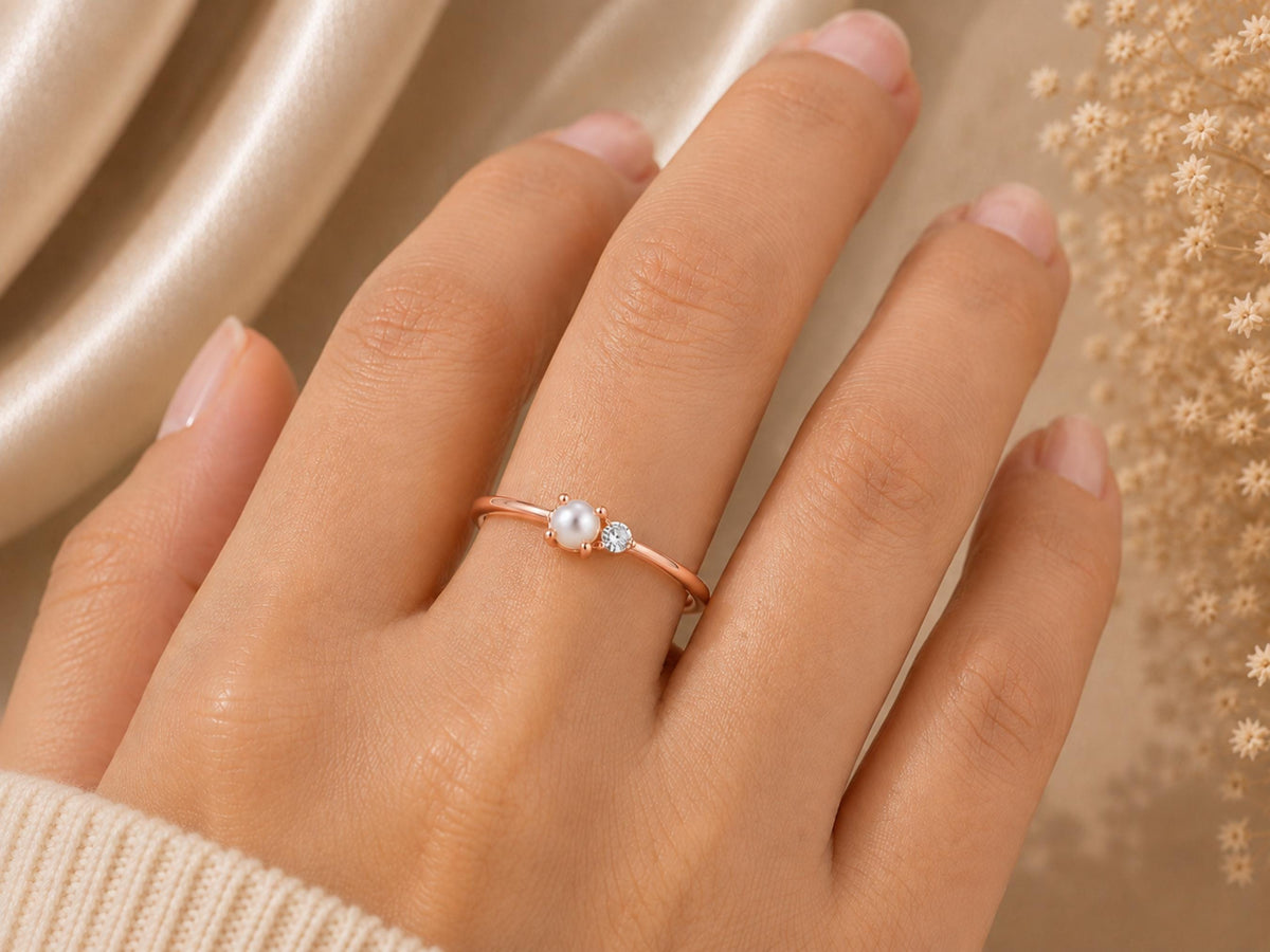 Pearl and Lab-Grown Diamond Ring – Dainty 1mm Band in solid gold, view 10
