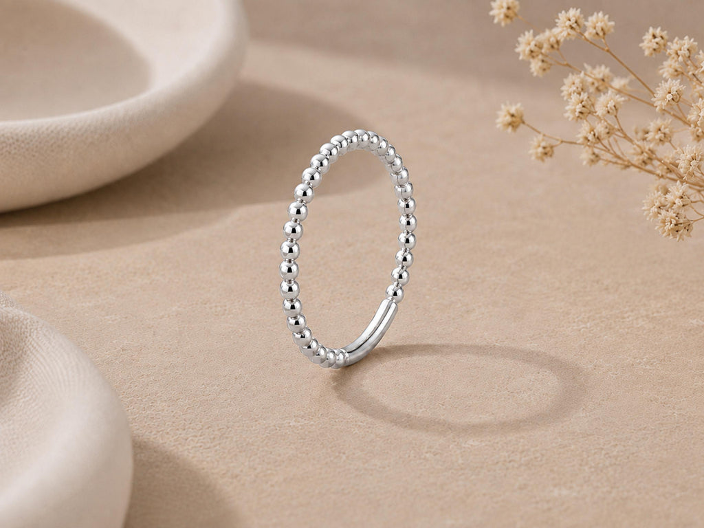 Gold Beaded Stacking Ring – Dainty Band in solid gold, view 5