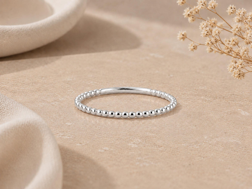 Gold Beaded Stacking Ring – Dainty Band in solid gold, view 3