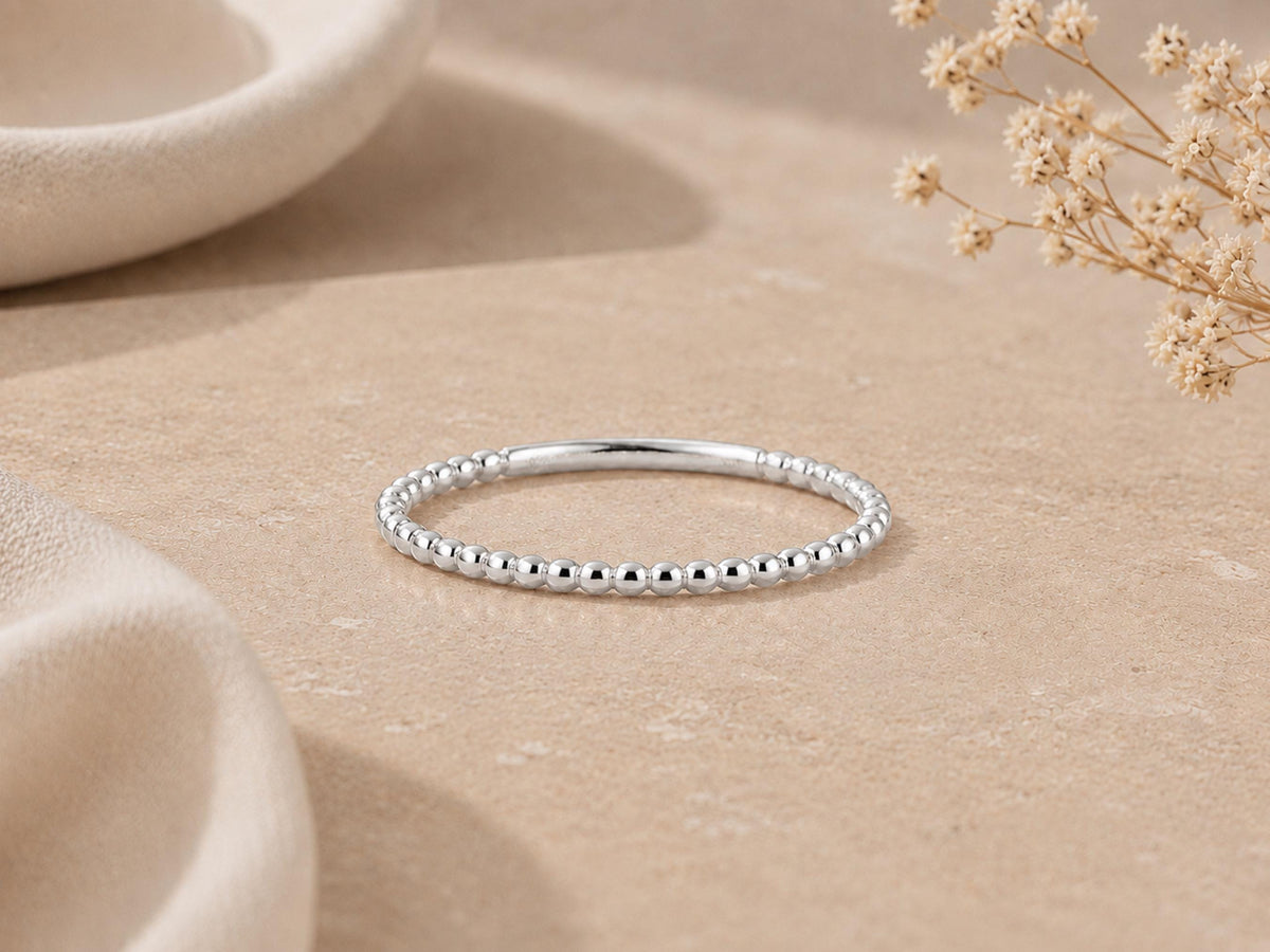 Gold Beaded Stacking Ring – Dainty Band in solid gold, view 3