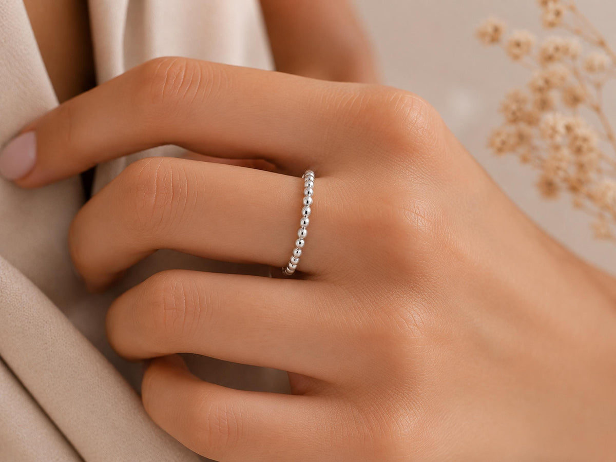 Gold Beaded Stacking Ring – Dainty Band in solid gold, view 8