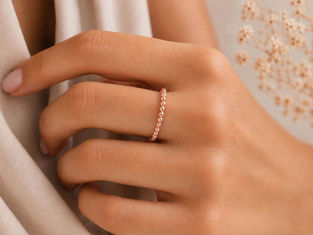 Gold Beaded Stacking Ring – Dainty Band in solid gold, view 10