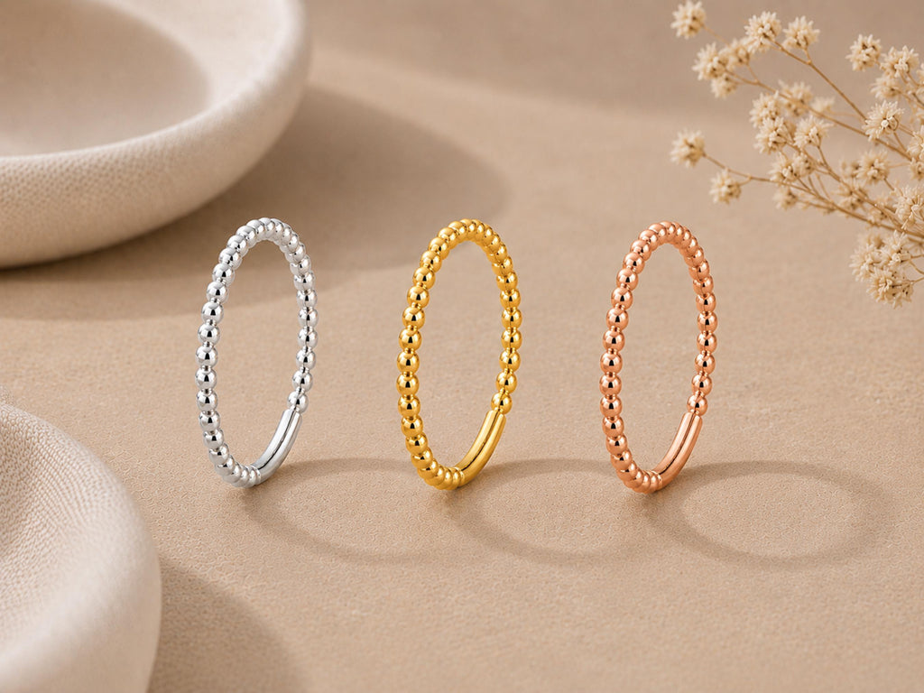 Gold Beaded Stacking Ring – Dainty Band in solid gold, view 7