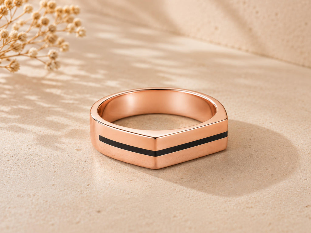 Black Stripe Flat Top Band – 6mm in solid gold, view 2