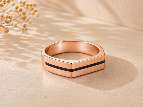 Black Stripe Flat Top Band – 6mm in solid gold, view 2