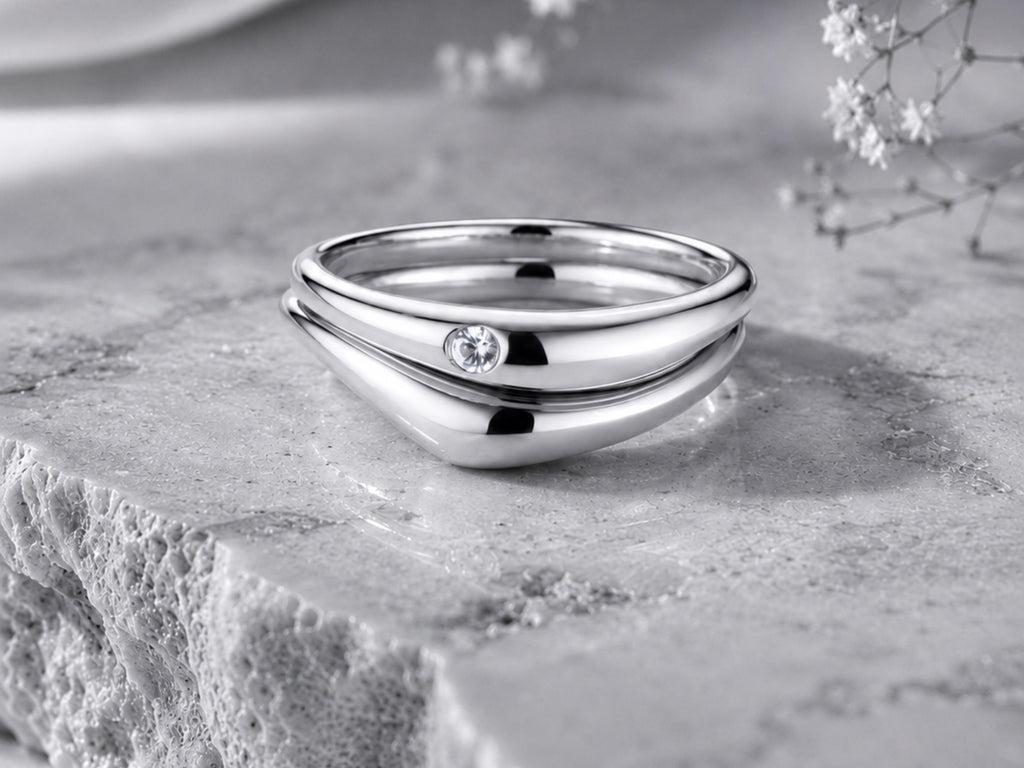 Nesting Dome Ring Set with Bezel Stone in solid gold, view 3