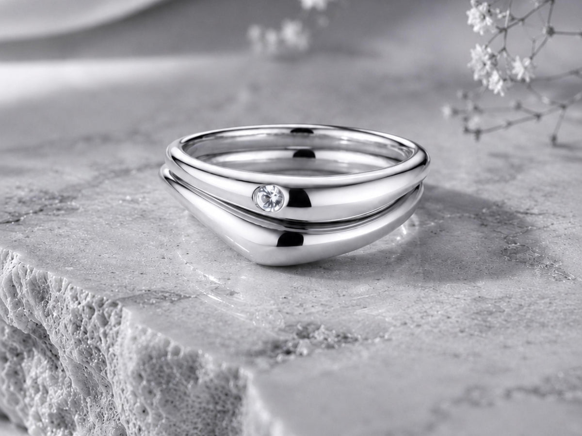 Nesting Dome Ring Set with Bezel Stone in solid gold, view 3