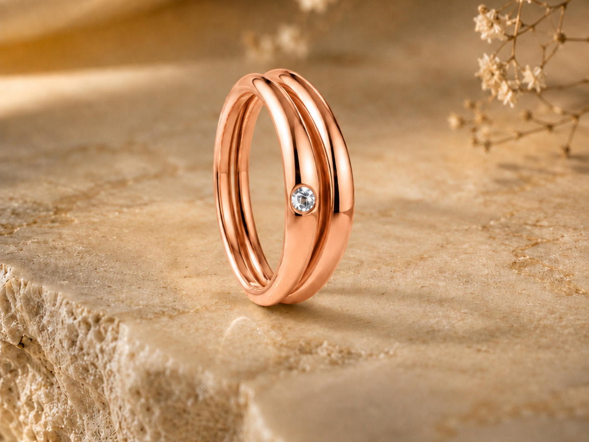 Nesting Dome Ring Set with Bezel Stone in solid gold, view 5