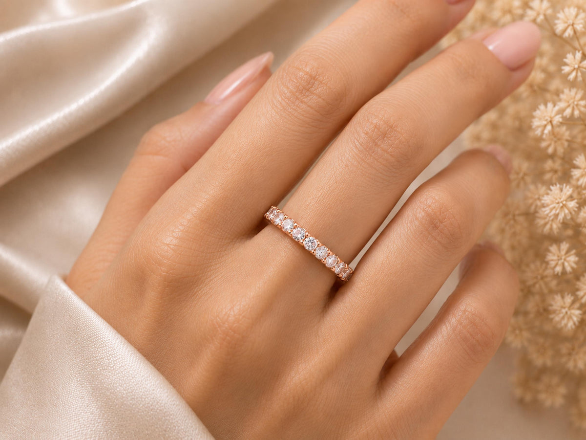 Lab-Grown White Sapphire Eternity Ring – 3.1mm in solid gold, view 4