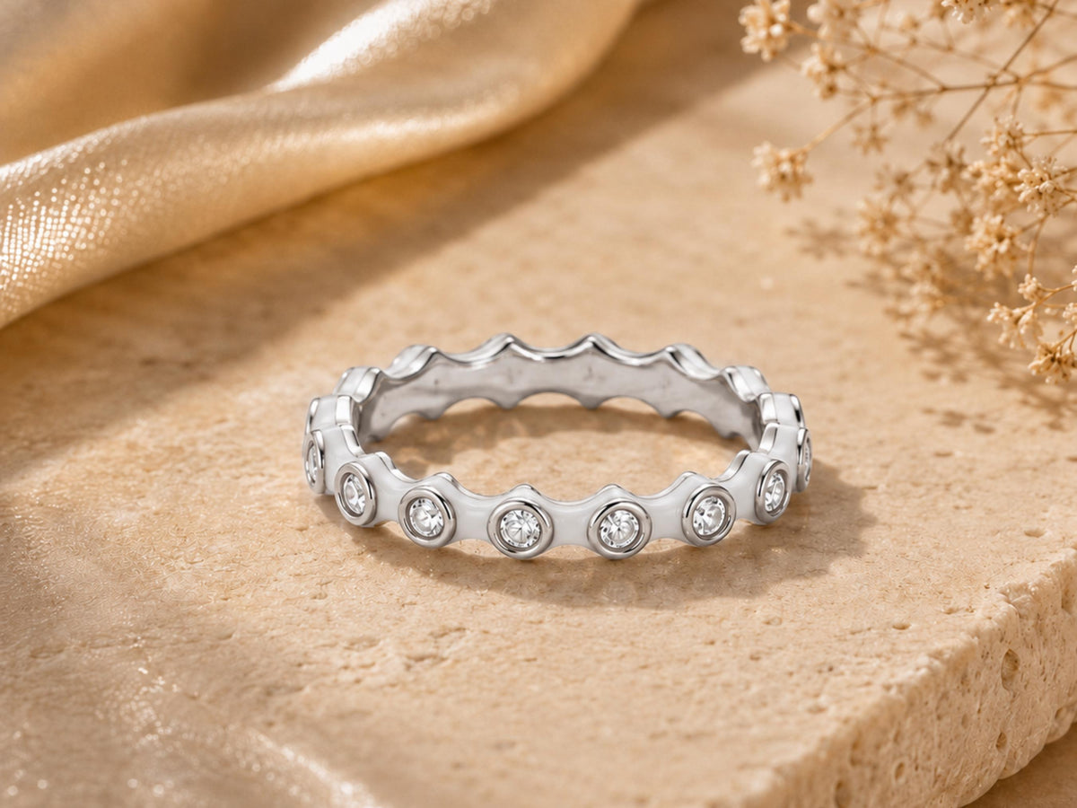 White Enamel Scalloped Stacking Ring – 3.3mm in solid gold, view 3