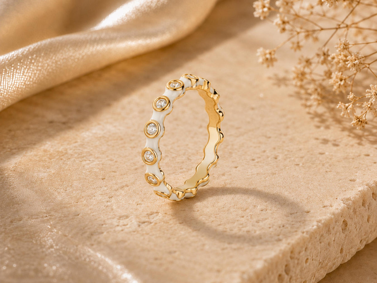 White Enamel Scalloped Stacking Ring – 3.3mm in solid gold, view 4