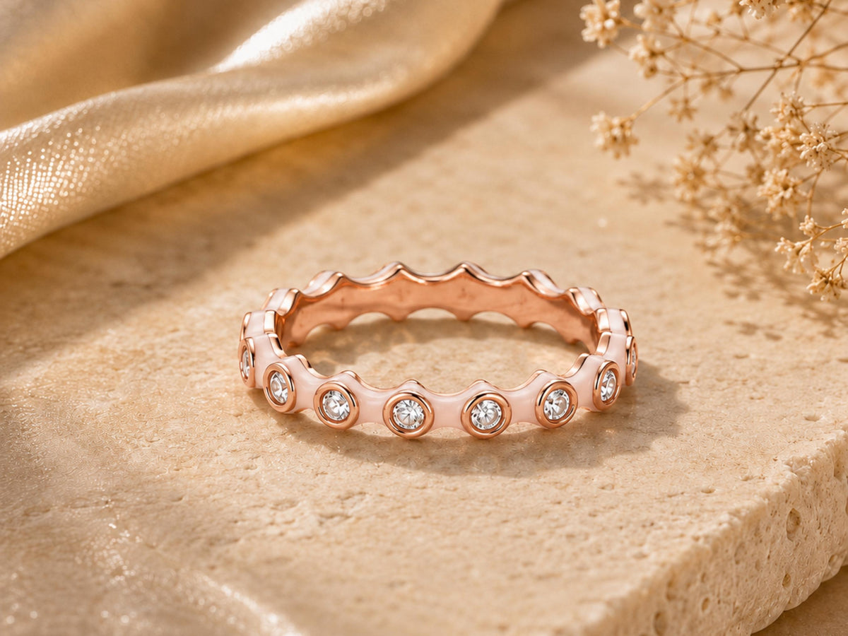 White Enamel Scalloped Stacking Ring – 3.3mm in solid gold, view 2