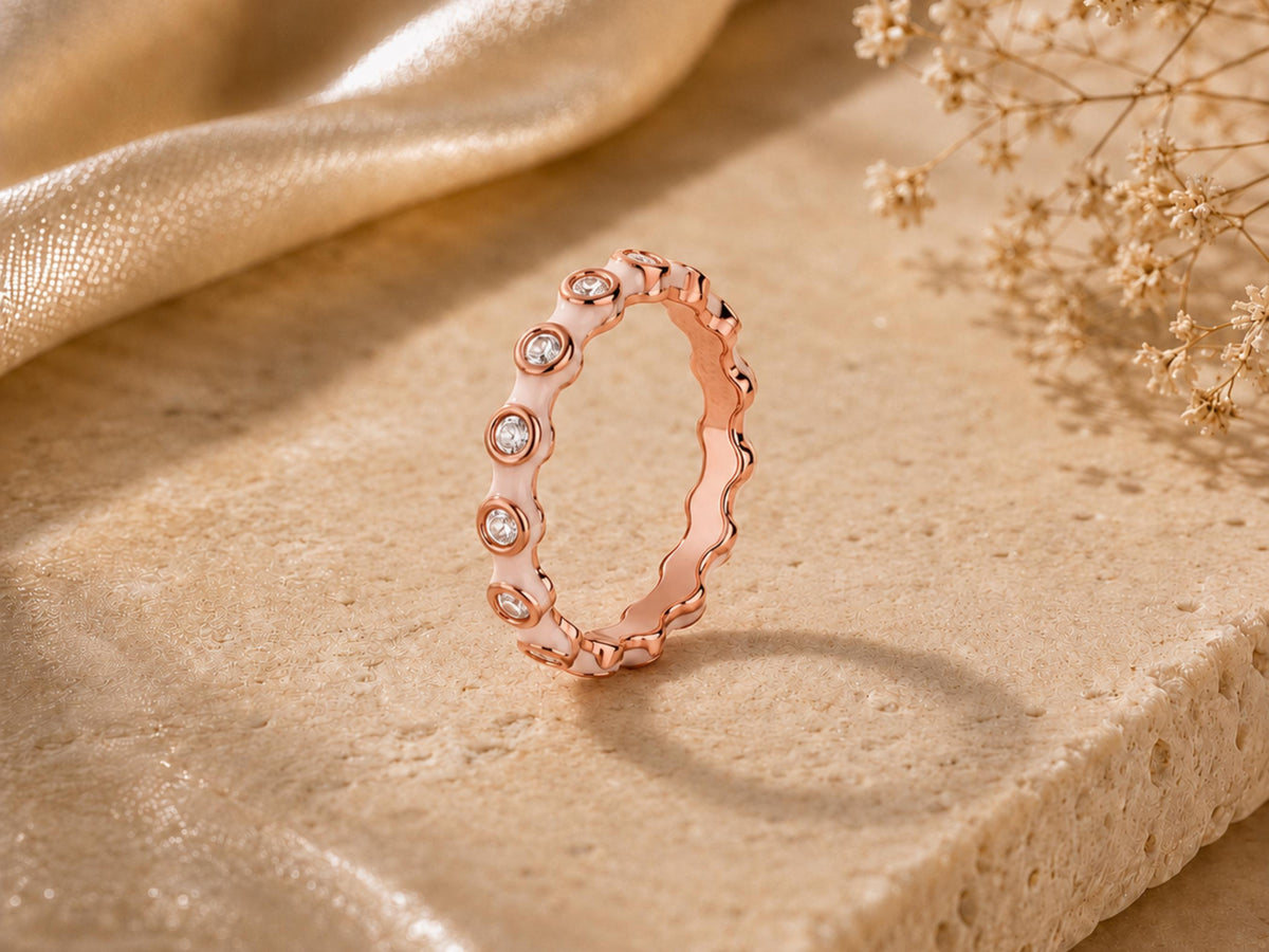 White Enamel Scalloped Stacking Ring – 3.3mm in solid gold, view 5