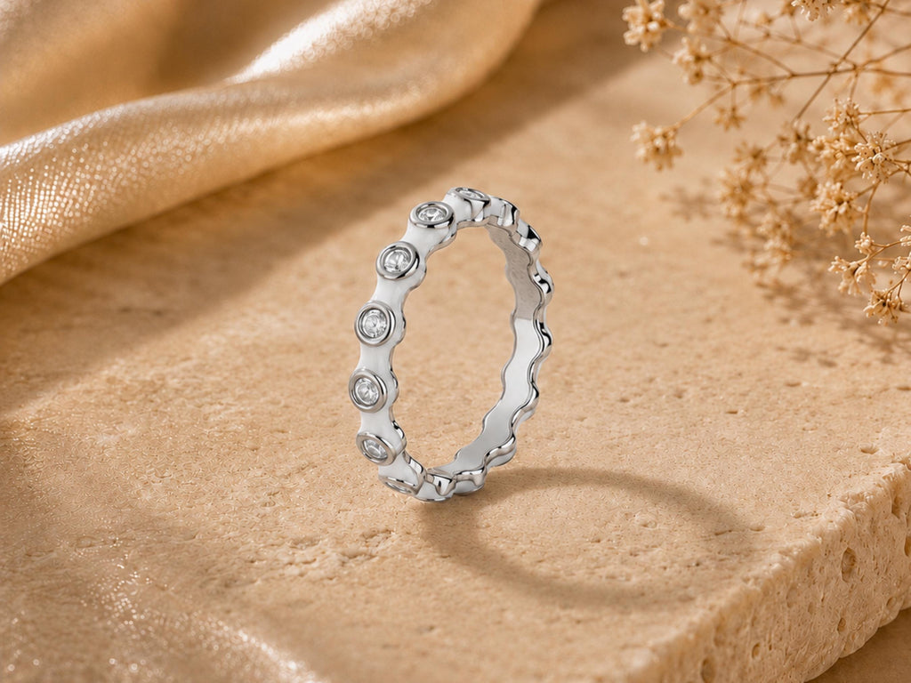 White Enamel Scalloped Stacking Ring – 3.3mm in solid gold, view 6