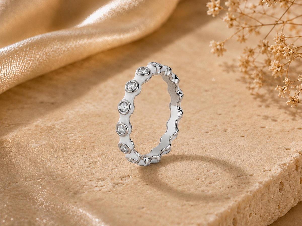 White Enamel Scalloped Stacking Ring – 3.3mm in solid gold, view 6